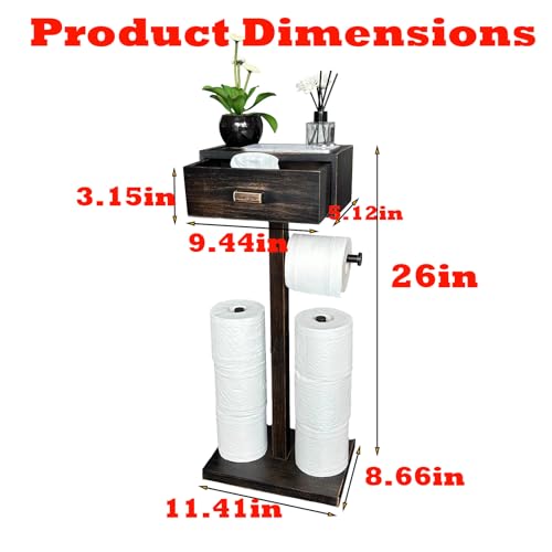 Freestanding Bathroom Toilet Paper Holder Stand with Shelf, Bamboo Toilet Paper Roll Holder with Wet Wipes Storage Drawer(Vintage Black) - color: Balck