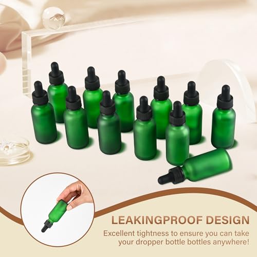 NOOEEISS 12 Pcs, 1oz Dropper Bottle, Green Glass Eye Dropper Bottle, Tincture Bottles with Dropper, Pretty Finish, Leak-Proof Design, Stronger Suction for All Kinds of Mixed Liquids - color: Green Frosted, size: 1oz-12Pack