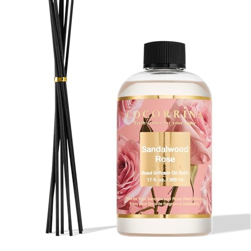 Cocorrína Reed Diffuser Refill Sandalwood Rose 17oz (500ml) with 8 Sticks - Premium Long-Lasting Floral Essential Oil, Home Fragrance for Bedroom, Bathroom Home Decor - size: 17 Fl Oz (Pack of 1)