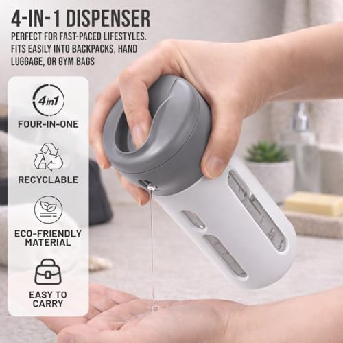 Travigo 4-in-1 Travel Dispenser Bottle, TSA Approved, Leak Proof, Four Reusable 1.4 oz. (40 mL) Toiletry Containers for Shampoo, Conditioner, Soap, Lotion, Skincare (Gray) - color: 1 Dispenser (Gray)