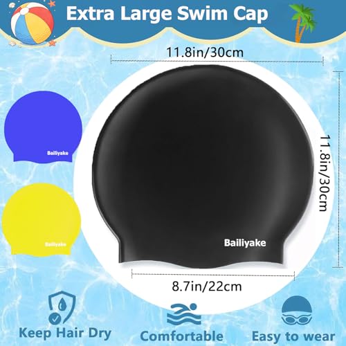 3 Pack Extra Large Swim Cap for Braids & Dreadlocks - Waterproof Silicone Swim Hat for Women with Long Thick Hair, Protective Swim Cap Cover Ears for Swimming, Shower, Bathing - color: Black+Bule+Yellow