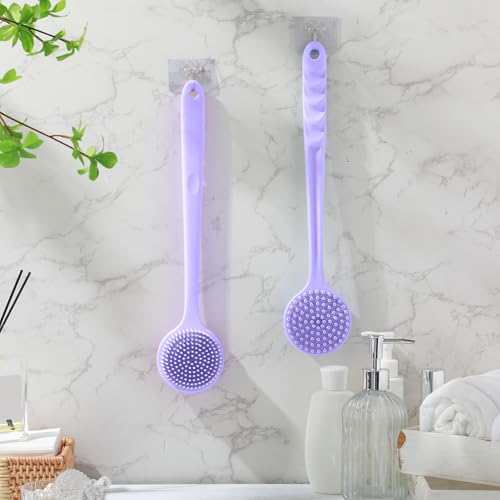 Sunnyray 2 Pack Silicone Back Scrubber for Shower with 15" Long Handle Double-Sided Bath Body Brush for Exfoliating Easy to Clean Quick Dry Deep Cleaning Lathers Well(Purple) - color: Purple