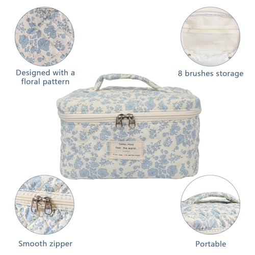 Gosect Large Makeup Bag, Cute Cosmetic Bag for Women Girls, Floral Coquette Aesthetic Toiletry Bag, Travel Make Up Organizer Bag (BDLH) - color: 08Blue Flower