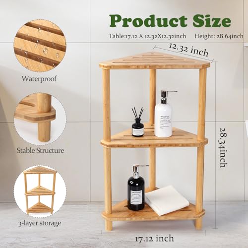 Bamboo Corner Shower Caddy Stand 3-Tier Waterproof,Free Standing Bathroom Corner Shelf Shower Stool Organizer for Inside Shower,Space-Saving Storage Shower Shelves with Anti-Slip Feet - style: GU-QZST003