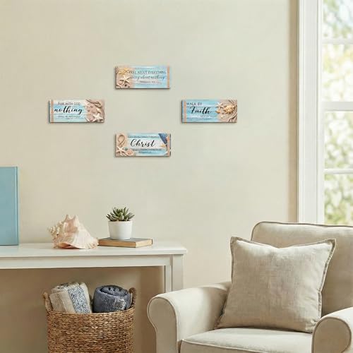 4Pcs Coastal Wooden Wall Decor for Bathroom Bedroom Summer Beach Christian Wall Art Room Decor Starfish Seashells Wooden Signs Teal Ocean Religious Decor with Bible Verses Nautical Home Decoration - style: Coastal