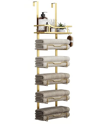 Hanging Towel Racks for Bathroom No Drill - 6-Tier Over The Door Bath Towel Storage Organizer for Small Bathrooms - Tiered Back of Door Towel Holder Hanger for Rolled Towels RV Camper Gold - color: Gold, size: 6 tier