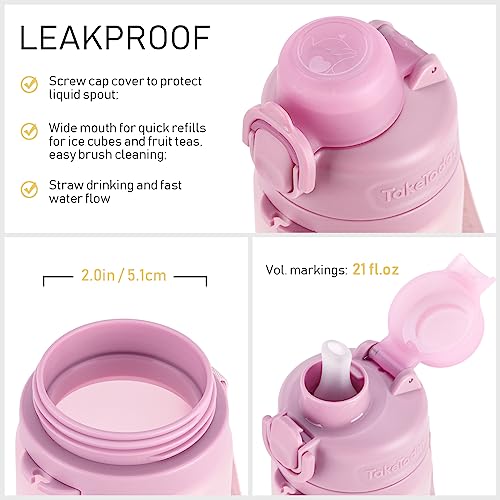 TakeToday Collapsible Water Bottles 21oz (600mL), Foldable Platinum Silicone Travel Water Bottle with Straw & Carry Strap, Leak-Resistant Screw Lid, Wide Mouth, BPA-Free for Hiking, Camping, Travel - color: Mauve