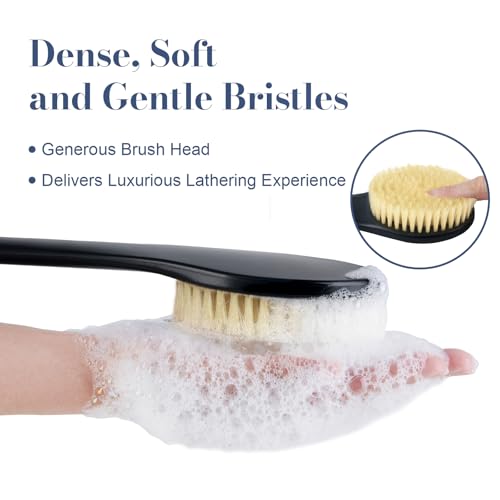 Back Scrubber for Shower, Shower Body Brush for Cleaning with Long Handle for Showering, 17 Inch Back Washer Exfoliator for Shower Men Women with Non-Slip Handle, Adhesive Hook (Black-Boar Bristles) - size: Black - Boar Bristles