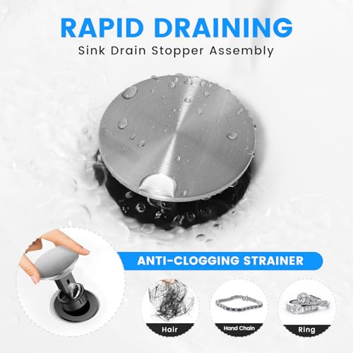 Bathroom Sink Drain with Overflow with Hair Catcher Anti-Clog Sink Strainer | Hurran Bathroom Sink Stopper for 1.65"-1.9" Hole, Plastic Pop-up Drain for Bathroom Vanity Vessel Sink, Brushed Nickel - color: Brushed Nickel