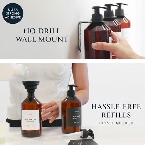 FINESSY Refillable Shampoo and Conditioner Dispenser Wall Bottles with Pump, Bathroom Body Wash Soap and Shampoo Dispenser for Shower Wall 3 Chamber No Drill, Shower Bottles Refillable with Labels - color: Luxe Amber