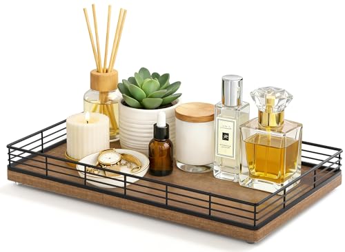 Bathroom Vanity Tray, 13" x 8" Acacia Decorative Wooden Tray for Countertop | Large Bathroom Vanity Organizer, Wood Tray for Perfume, Skincare Accessories Storage, Vanity Dresser Decor, Black & Acacia - color: Acacia, size: 13" x 8" x 2"