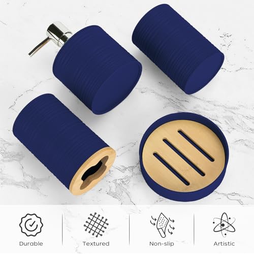 4 PCS Navy Blue Bathroom Accessories Set, Includes a Soap Dispenser, Toothbrush Holder, Soap Dish and Mouthwash Cup, Plastics & Bamboo Bathroom Set, Bohemian Style Bathroom Sink Set - color: Navy Blue, size: 4 PCS