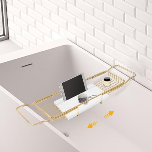 Stainless Steel Bathtub Tray with Removable Marble Board,Extendable Rectangular Bathtub Tray,Adjustable Bath Caddy Board for for Bath Bombs, Spa, Shower (Golden+White) - color: Golden+white