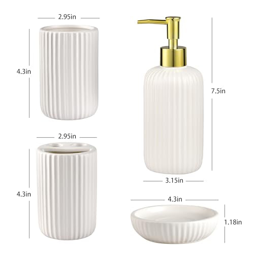White Bathroom Accessories Set, 4PC Ceramic Bathroom Sets Complete-Toothbrush Holders, Soap Dispenser, Soap Dish, Toothbrush Cup, Modern White Gold Bathroom Decor, Bathroom Organizer for Countertop - size: GWhite-4pcs
