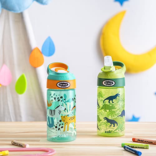 Zak Designs 16oz Riverside Kids Water Bottle with Spout Cover and Built-in Carrying Loop, Made of Durable Plastic, Leak-Proof Water Bottle Design for Travel (Dino Camo & Safari, Pack of 2) - color: Dino Camo & Safari