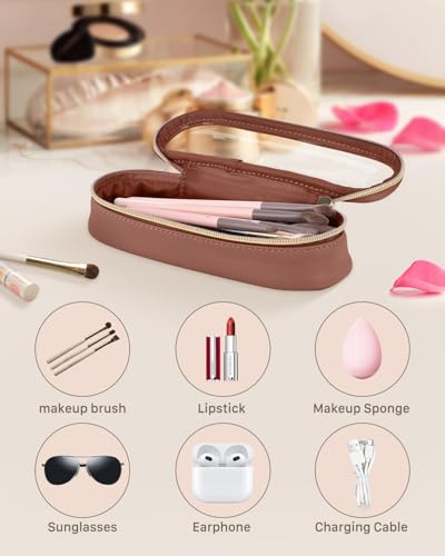 Soimeat Clear Travel Makeup Brush Holder, Leather Makeup Brush Toiletry Bag, Portable Cosmetic Brush Case, Transparent Waterproof Makeup Brush Storage Bag, Brown - color: Brown, size: Small