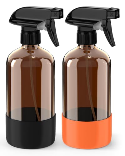 Bontip Glass Spray Bottle with Silicone Sleeve Protection, Amber Glass Spray Bottle Set for Window Cleaner Aromatherapy Facial Hydration Watering Flowers Hair Care 2 Pack/16 oz (Black & Orange, 16 oz) - color: Black & Orange, size: 16 Ounces