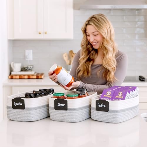 NaturalCozy 13.5”x8.5”x5.5” Storage Baskets for Shelves 3 Pack | Cotton Rope Woven Small Baskets for Organizing | Small Storage Bins for Nursery, Bathroom, Closet, Cube Shelf, Decorative, Gift - color: Off White & Gray & Mixed Gray, size: 13.5" x 8.5" x 5
