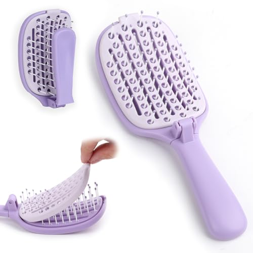 Self Cleaning Hair Brush, Curved Vented Detangler Brush for Faster Blow Drying, Anti-Breakage Wet & Dry Hair Brush for Women Men Kids, All Hair Types, Folding Travel Brush, Purple - color: Purple