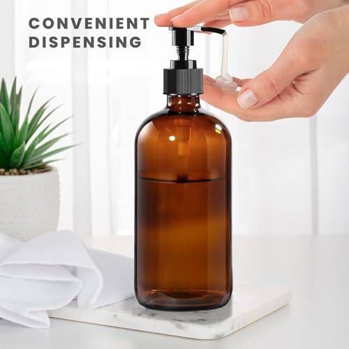 4 Pack 16 oz Amber Glass Bottles with Pumps for Shampoo, Essential Oils, Cleaning Products, Lotions, Aromatherapy Oil, Pump Bottles, Refillable Containers with Cap, 8 Chalk Labels, 1 Pen - size: 16 oz Amber 4Pack