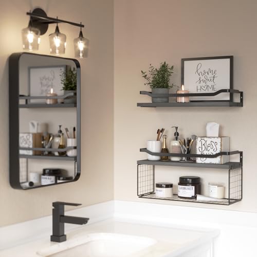 WOPITUES Floating Shelves with Wire Storage Basket, Bathroom Shelves Over Toilet with Protective Metal Guardrail, Wood Wall Shelves for Bathroom Organizers and Storage, Toilet Paper- Gray - color: Modern Grey
