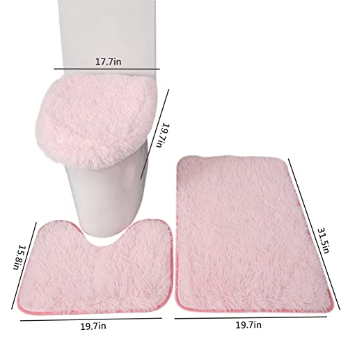 SEAHOME Bathroom Rug Sets 3 Piece Non Slip, Toilet Lid Cover and Contour Mat, Bath Mats Shower Mat for Tub (Pink) - color: Pink