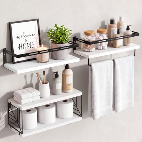 Fixwal Wall Mounted Bathroom Shelves Over Toilet, Rustic Wood Floating Shelves with Metal Frame and Towel Bar for Bathroom, Kitchen, Bedroom, Living Room (3 Plus 1 White) - color: 4-white