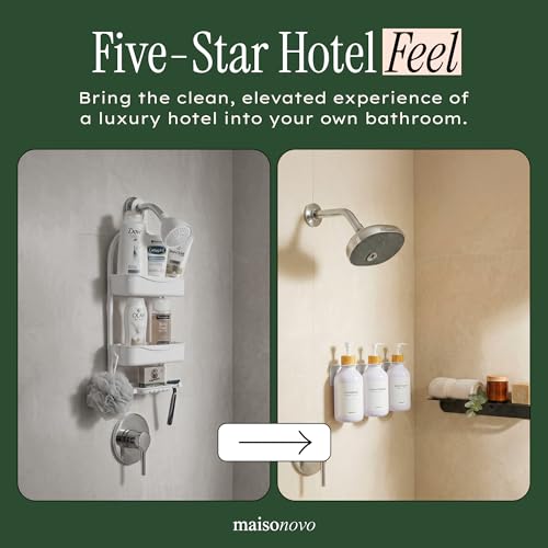 Shampoo and Conditioner Dispenser Wall Mounted Set of 3 White Bamboo - No Drill Shower Soap Dispenser for Bathroom Refillable - Spa Hotel Style Accessories by MaisoNovo - color: White Bamboo Set of 3