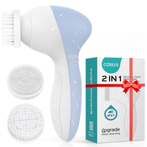 COSLUS Facial Cleansing Brush Silicone Face Scrubber: 2 in1 FBS-D Electric Exfoliating Massage Device Waterproof Deep Cleaning Exfoliation Rotating Spa Machine - Electronic Skin Care Wash Clean System - color: Blue, size: With 2 brush heads