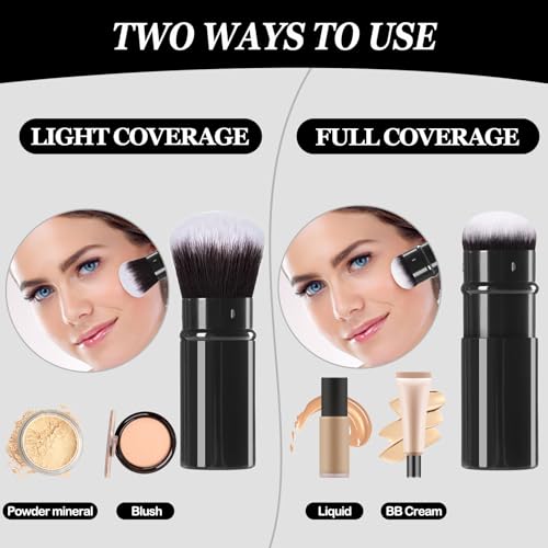 Retractable Kabuki Brush, 2 Pack Travel Foundation Face Makeup Brush Set | Powder Makeup Brushes for Blush, Liquid, Cream, Cosmetics, Loose Powder, Bronzer, with Aluminum Handle, Cover - color: Black