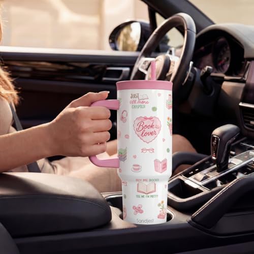 SANDJEST Book Lover Stainless Steel Locking Lid Silicone Straw Tumbler with Handle 40oz, Insulated Stainless Steel Travel Cup for Women Bookworm, Gift Idea for Birthday Christmas - color: Book Lover