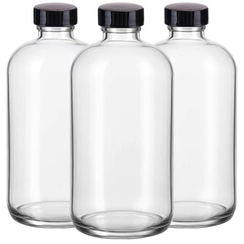 3 Pack,16 OZ Clear Glass Bottles Boston Round Sample Refillable Bottles with Black Caps, Perfect Glass Containers for kombucha, Secondary Fermentation,Storing condiment,Homemade Essential Oils - color: Clear