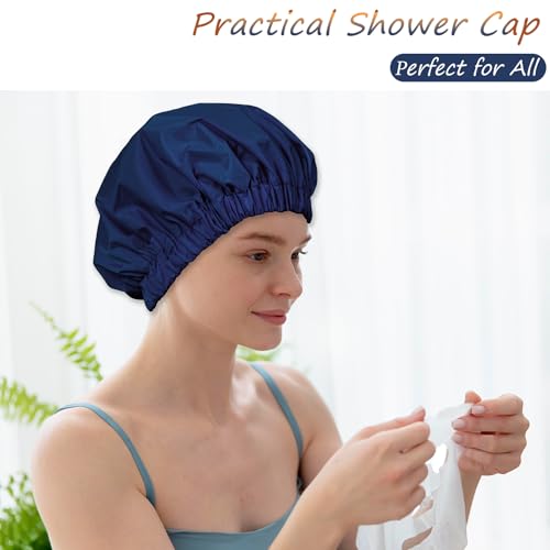Reusable Shower Cap for Women – Large Waterproof Satin Shower Bonnet for Long, Curly & Braided Hair, Washable Bath Hair Cover, Navy Blue - color: Navy Blue
