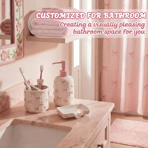White Cute Ceramic Bathroom Accessories Set 3 Pcs - White Bowknot Soap Dispenser, Toothbrush Holder, Soap Dish - Modern Coquette Preppy Bathroom Decor & Apartment Essentials (Novel Style) - color: White