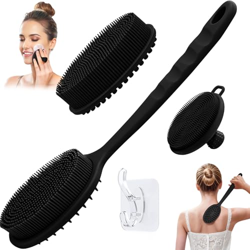 Silicone Face & Back Scrubber Set, Manual Face & Body Scrubber Exfoliator with Soft Bristles and Non-Slip Handle, Back Brush Bath Brush with 2 Detachable Brush Heads(3PCS Black Set) - color: 3*black Set