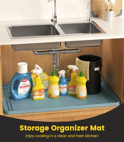 Wohbay Under Sink Mats for Kitchen Waterproof, 34" X 22" Or Smaller Cut to Fit Under Sink Drip Tray for Kitchen Bathroom Cabinets, Silicone Sink Liner Hold Up to 3.3 Gallons Liquid - Teal - color: Teal