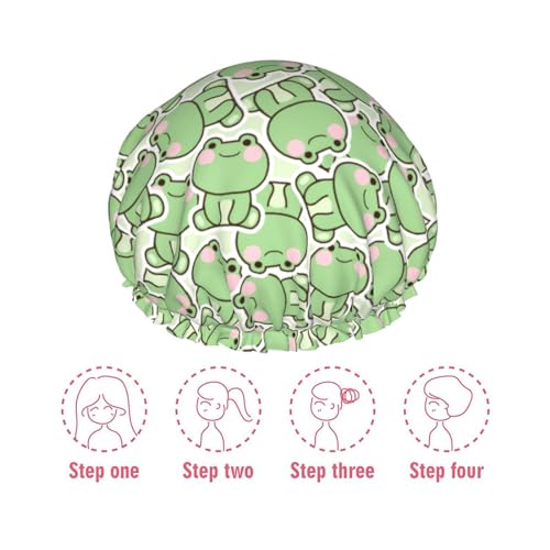 Cute Frogs Shower Cap For Women Reusable Waterproof Double Layers Bath Cap Hair Protection Elastic Ladies Spa Salon Shower Hat - color: Cute Frogs