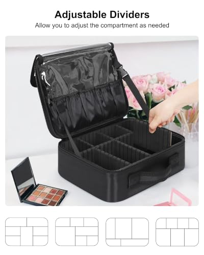 Relavel Makeup Bag Large Cosmetic Bag Travel Train Case Toiletry Bag for Women with Adjustable Dividers, Travel Essentials Organizer Case Storage Box for Skincare, Brushes, Black - color: Black S/M, size: Small