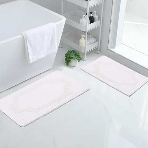 voyzz home Set of 2 Reversible Bath Rug 20x32 inch -17x24 inch | 100% Cotton Hand Tufted Soft & Absorbent Bath Mat|Washable Quick Dry Shaggy Shower Mat | Non-Slip Mordern Bathroom Decor | White… - color: White Shaggy Set of 2 20x32-17x24