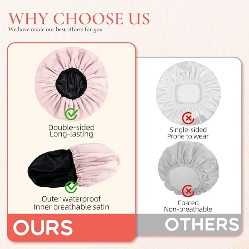 Extra Large Shower Cap for Women, Reusable Waterproof Shower Bonnet with Satin Lining, Double Layer Washable Bath Hair Cap for Braids, Locs, Long Thick Curly Hair, Natural Hair(Big Pink) - color: Pink