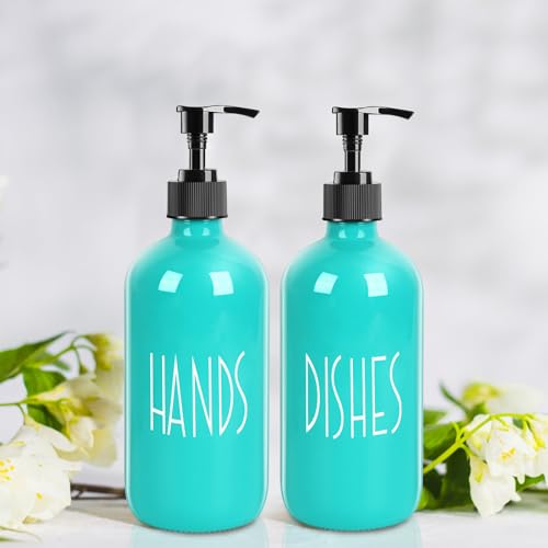 Glass Soap Dispenser with Plastic Pump for Kitchen - 16 OZ Glass Hand, Dish Soap Dispenser Set - Kitchen, Bathroom Decor and Accessories (Teal) - color: Teal