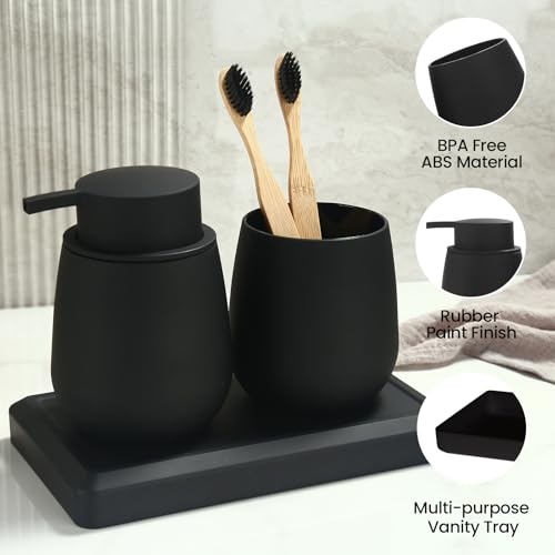 Black Bathroom Accessories Set, Modern 3 Pcs Bathroom Essentials - Soap Dispenser, Toothbrush Holder & Tray, Countertop Vanity Organizer (Black) - color: Black