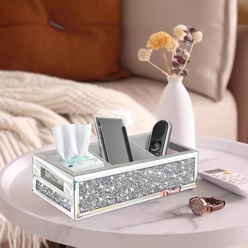 Wocred Bathroom Basket Toilet Tank Upgrade,Crushed Diamond Mirrored Bathroom Tray Wall-Mounted,3 Layer partition Storage Organizer fits Dresser Bedroom,Bathroom,Coffee Table.(15”x6”x3.8”) - color: Silver - 6 Inch (3 Compartment)
