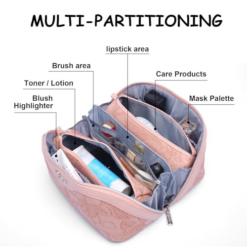 BOYATU Travel Makeup Bags Cosmetic Organizer Bag: 3-Set Large Capacity Make up Bag - PU Leather Toiletry Bags for Women - Wide Open Portable Pouch with Divider & Handle (01-Z-Pink) - color: 01-Z-Pink