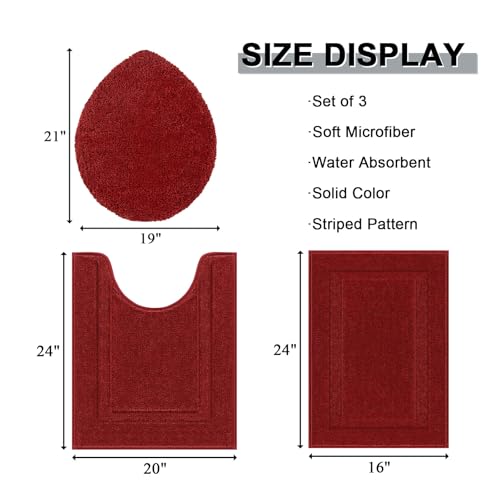SHACOS Bathroom Rugs Sets 3 Piece with Toilet Lid Cover | Non Slip Absorbent Small Bath Mats 16"x24" U Shape Contour Mat Soft Microfiber Shaggy Machine Washable Bathroom Carpet (Red) - color: Red, size: 16"x24"+U-Shape 20"x24"+Lid Cover 19"x21"