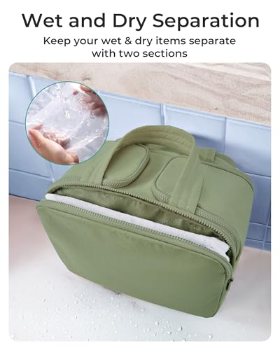 BAGSMART Travel Toiletry Bag, Lightweight Large Wide-open Travel Bag for Women, Puffy Cosmetic Makeup Bag Organizer with Handle for Accessories,Essentials, Toiletries, Green - color: e-Army Green