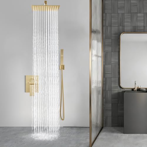 Aolemi Shower Faucet Set Rain Shower System with Handheld Spray Bathroom Shower Combo Rough-in Valve and Shower Trim Kit Included Brushed Gold 16 Inch Wall Mount Shower Head - color: Brushed Gold, size: 16 Inch Wall Mount Shower Head