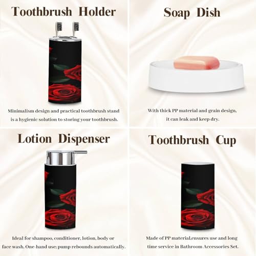 Bathroom Accessory Set 6 Piece Beautiful Pattern red Roses Black Toothbrush Holder, Toothbrush Cup, Soap Dispenser, Soap Dish, Toilet Brush Holder, Trash can for Countertop Rustic Decor