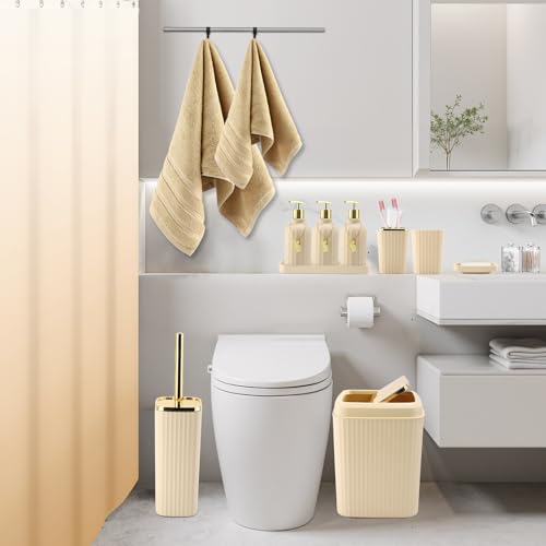 32PCS Bathroom Accessories Set Bathroom Set,Beige Shower Curtain Set,Bath Towel Set,Hand Towel,Toilet Brush,Trash Can & 3PCS Soap Dispenser - size: Bath Set+Shower Curtain+Towel Set, style: Beige
