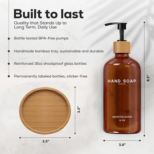 Amber Glass Hand Soap Dispenser Bathroom Set by Brighter Barns - Hand Soap Dispenser for Kitchen Sink & Bathroom - Bamboo Glass Bottle with Tray - Modern Home Decor for Spa, RV, Fitness Center (Amber) - color: Amber H